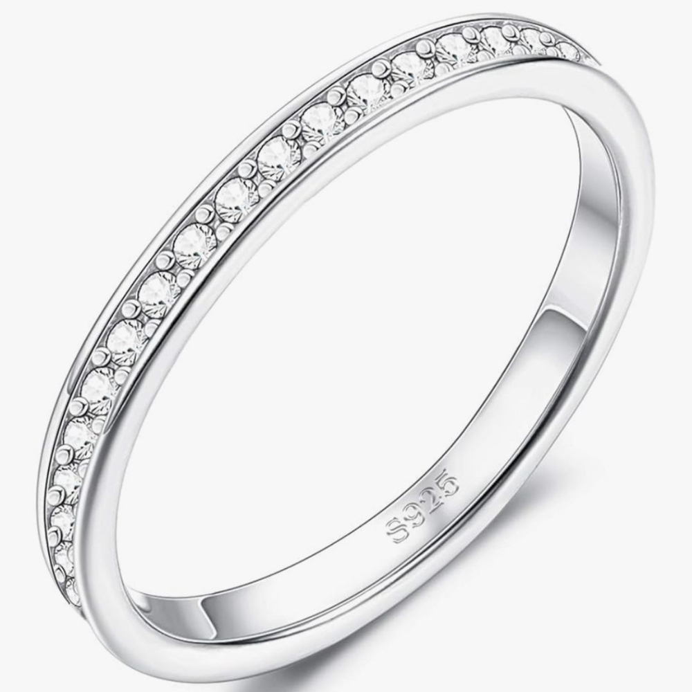 925 Sterling Silver Ring, Austrian Crystal, White Gold Plated, Stackable, 2mm